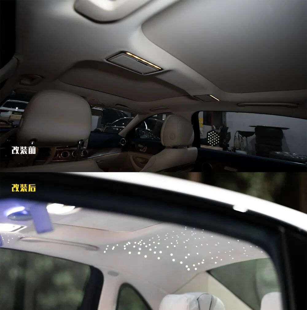 星空顶改装前后的对比;顶棚区域涉及星空顶与顶棚音响两项施工,方案阶段应一并考虑拆装范围与位置配合